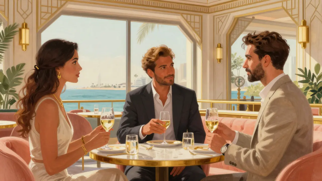 Elegant professionals conversing at luxury Dubai venue