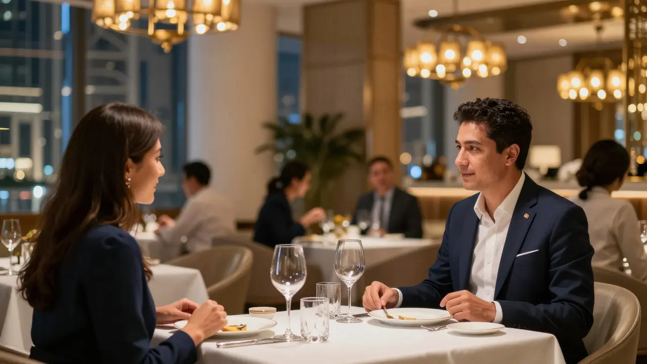 Elegantly dressed pair dining at a high-end restaurant with fine crystal glasses.