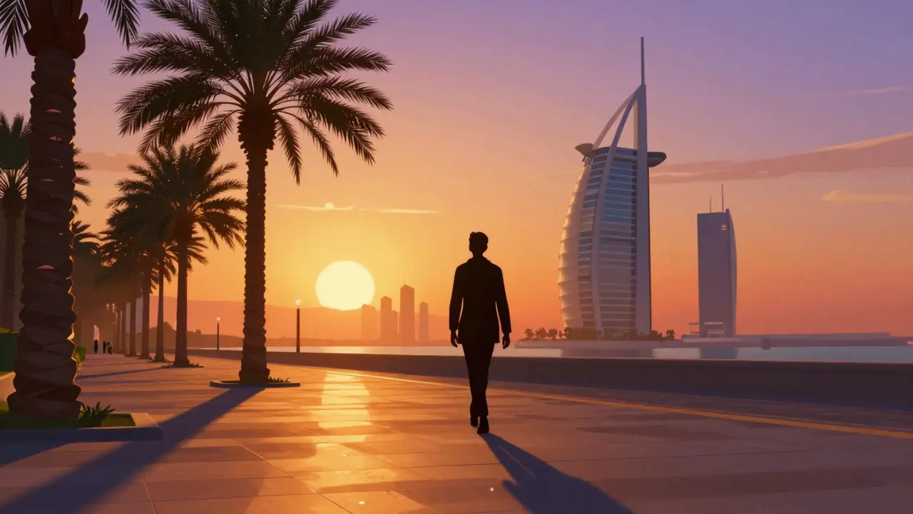 Figure walking along palm-lined promenade with Dubai towers in the background.