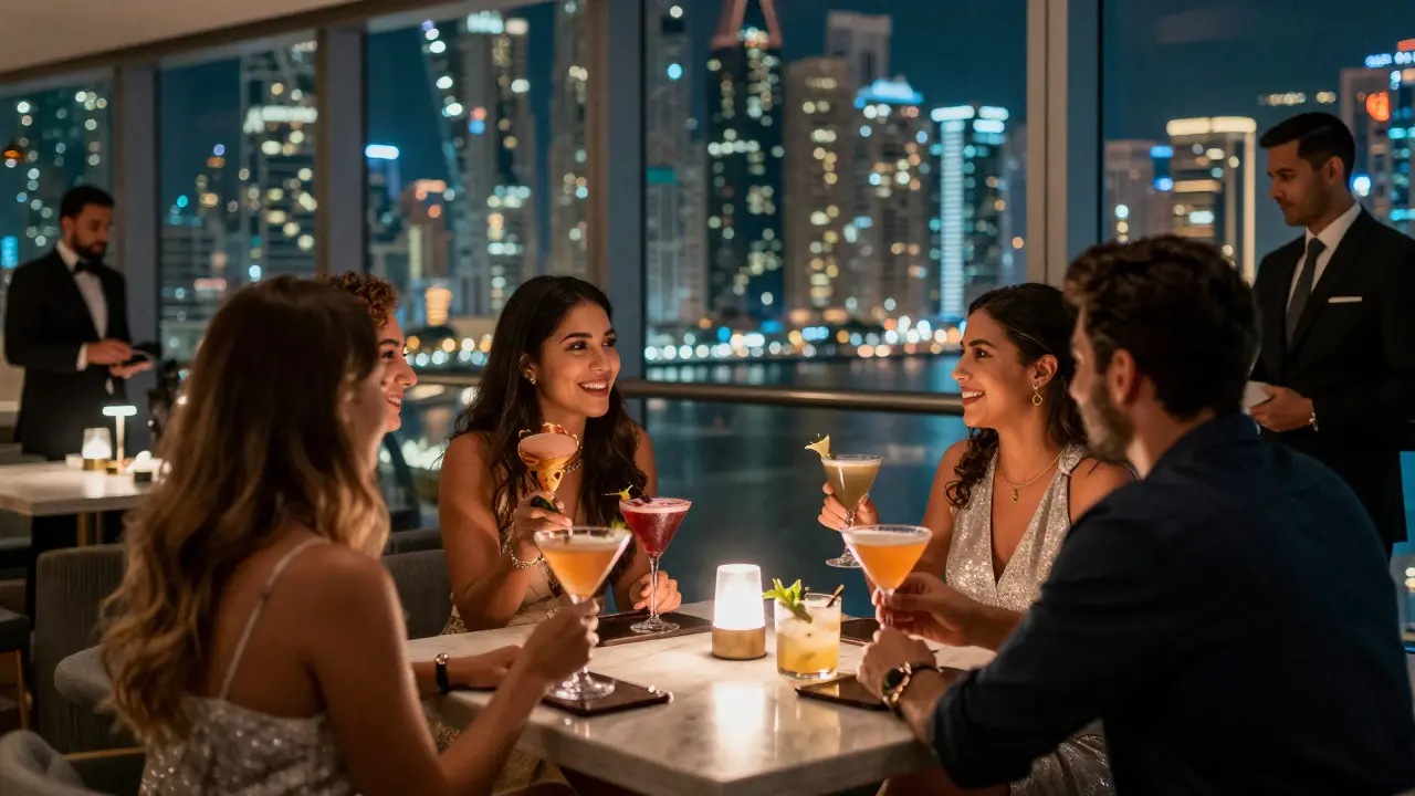 Friends enjoying cocktails at a sophisticated rooftop bar with city view.