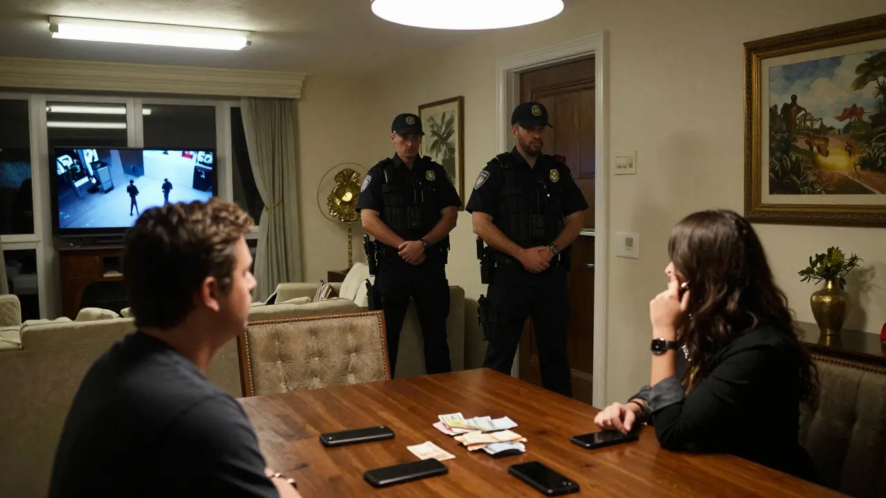 Police conduct a raid in a luxury apartment, with phones and cash visible as a man and woman are separated.