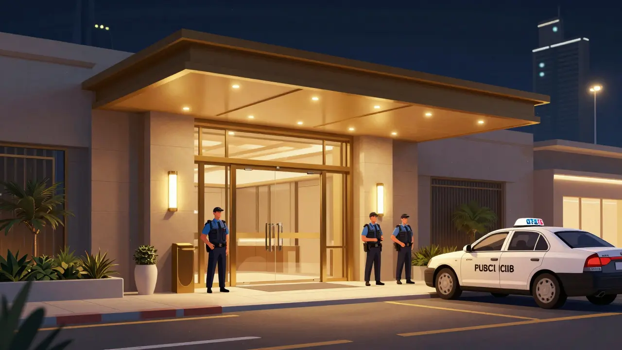 Secure nightclub entrance with security and taxi in Dubai night.