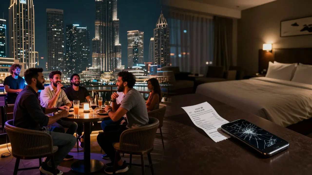 Split scene: happy expats at a rooftop bar vs. an empty hotel room with a discarded payment receipt.
