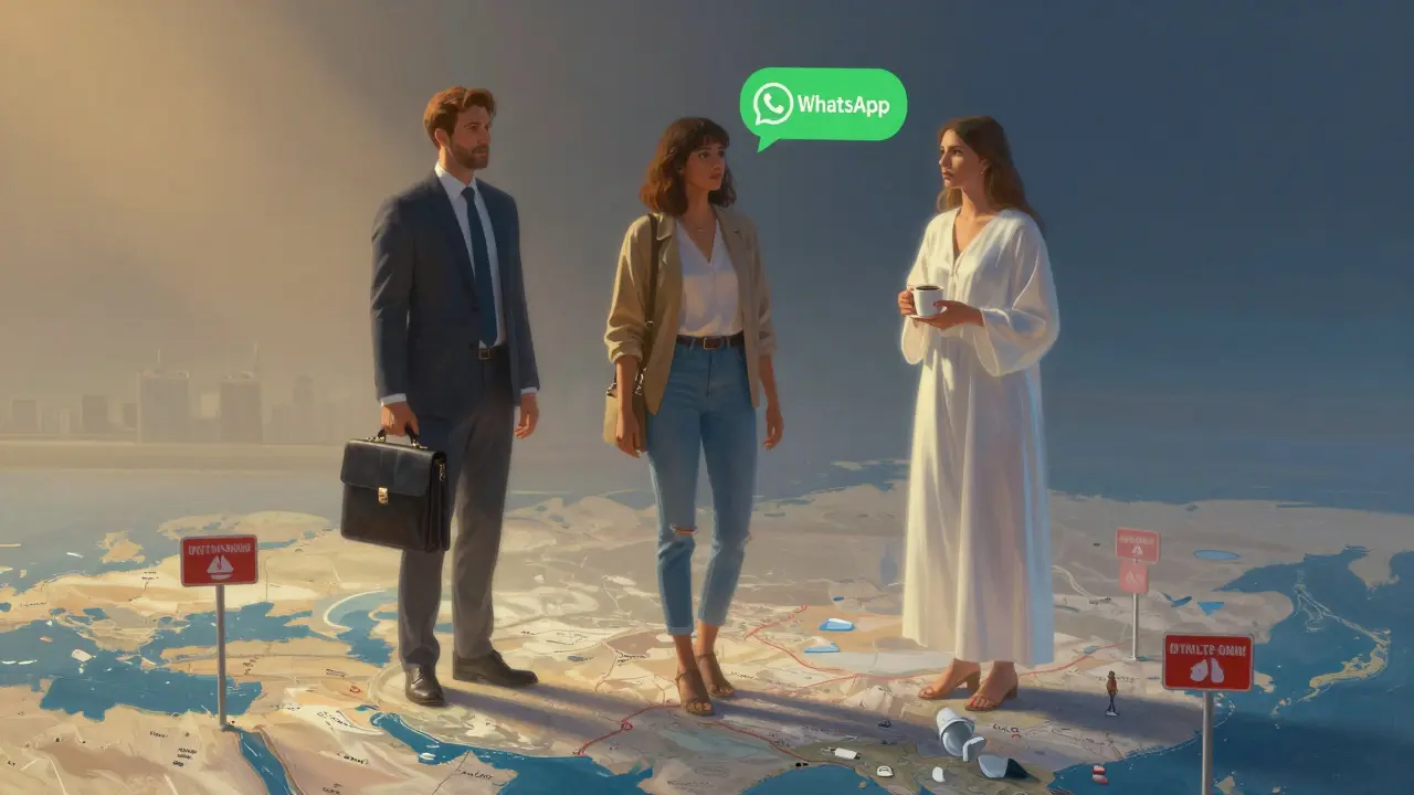 Three abstract figures representing different types of companionship services in Dubai, with safety warnings around them.