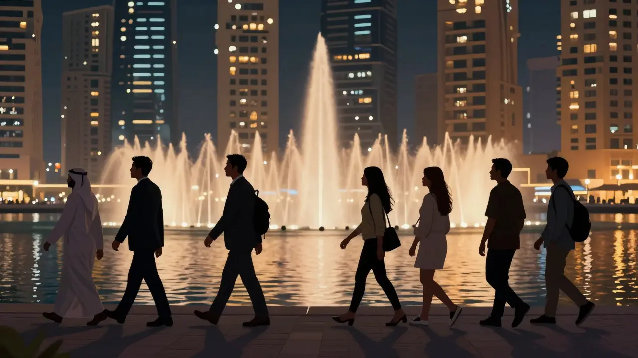 Three pairs of travelers and companions walking along Dubai Marina at night, sharing quiet moments.