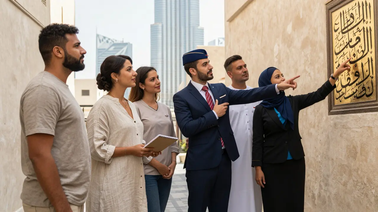 Three professional companions in Dubai — artist, former flight attendant, and language teacher — standing together in a vibrant local alley.