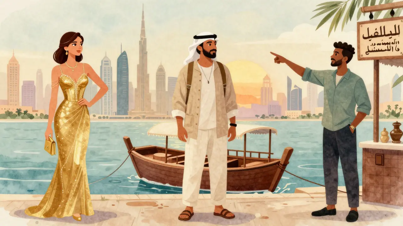 Three professional escort profiles in Dubai: at an event, on a boat, and as a cultural guide, against the city skyline.