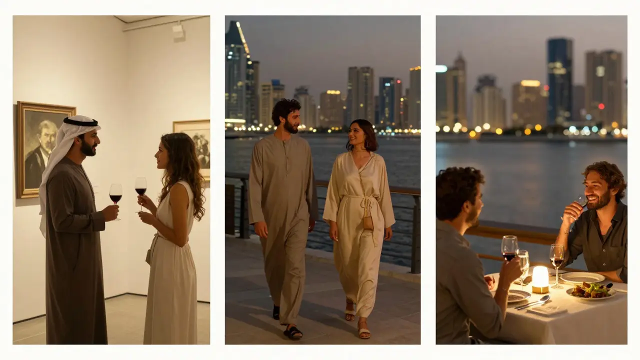Three scenes of refined companionship in Dubai: art gallery, creek walk, and fine dining — all softly lit.