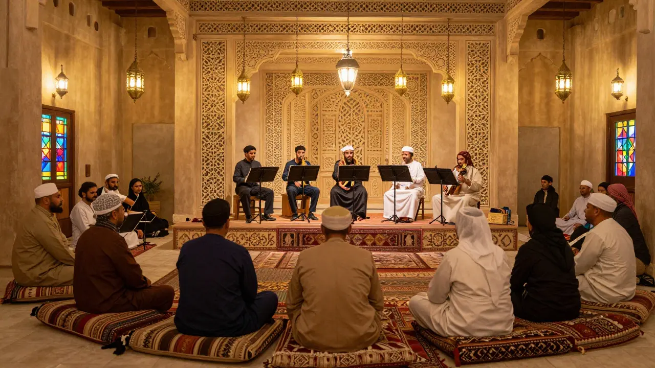 Traditional musicians performing in cultural restaurant setting