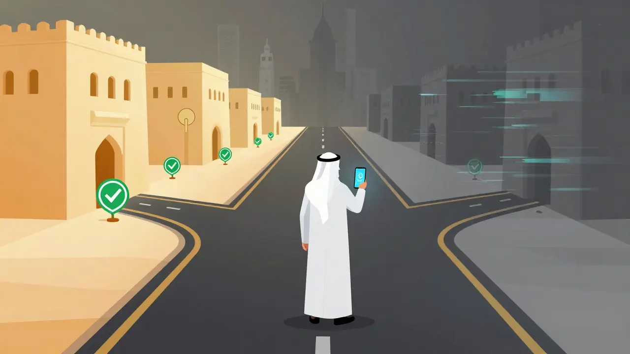 Traveler choosing safe path at crossroads with glowing map