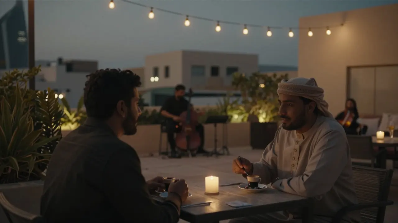 Two people enjoying quiet evening coffee on a rooftop garden in Al Quoz, soft candlelight and string lights above.
