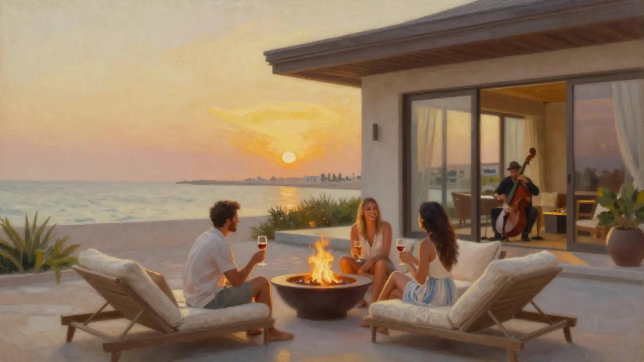 Two people relaxing at a private villa on The Palm, enjoying jazz music and sunset views with no physical intimacy.