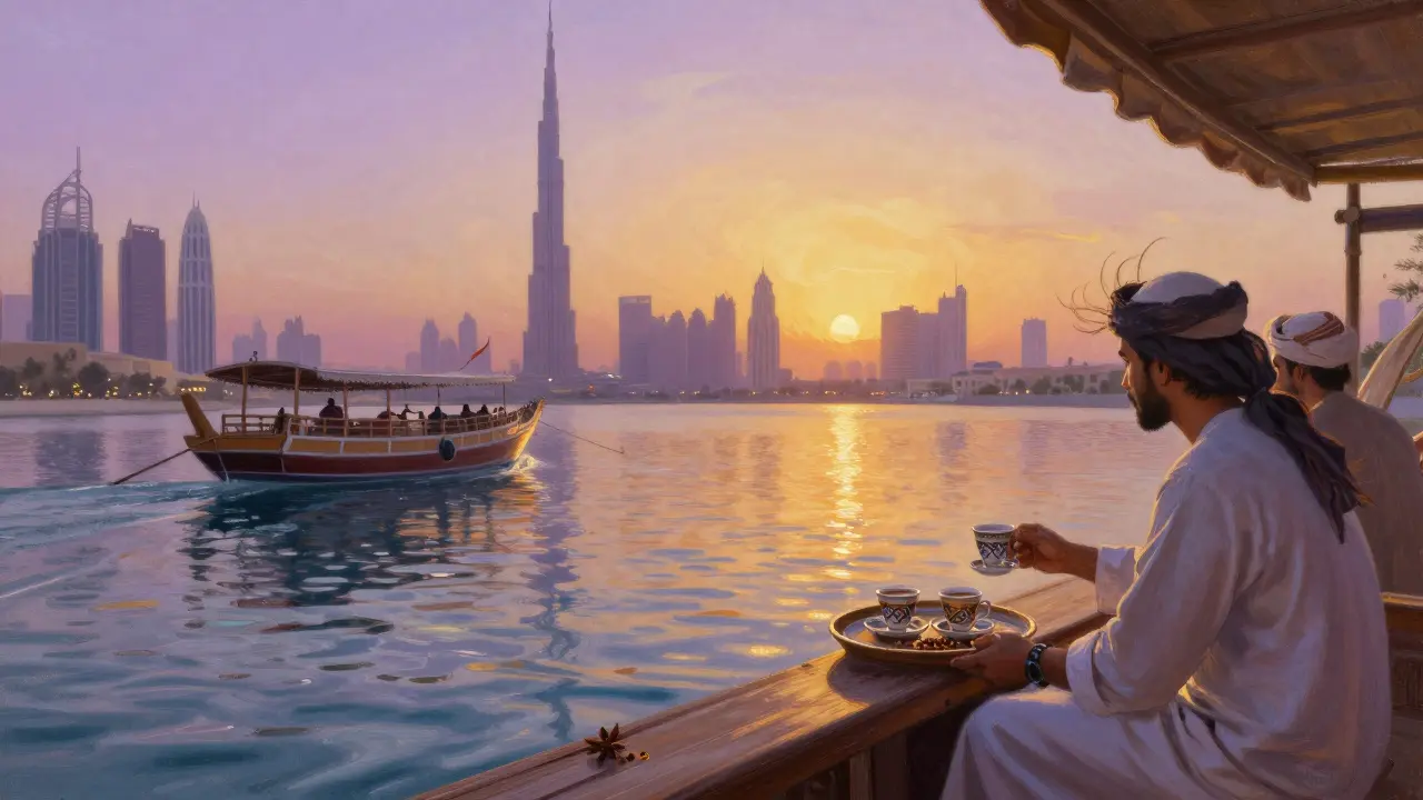 Two people share coffee on a quiet dhow at sunset, the Burj Khalifa glowing in the distance.