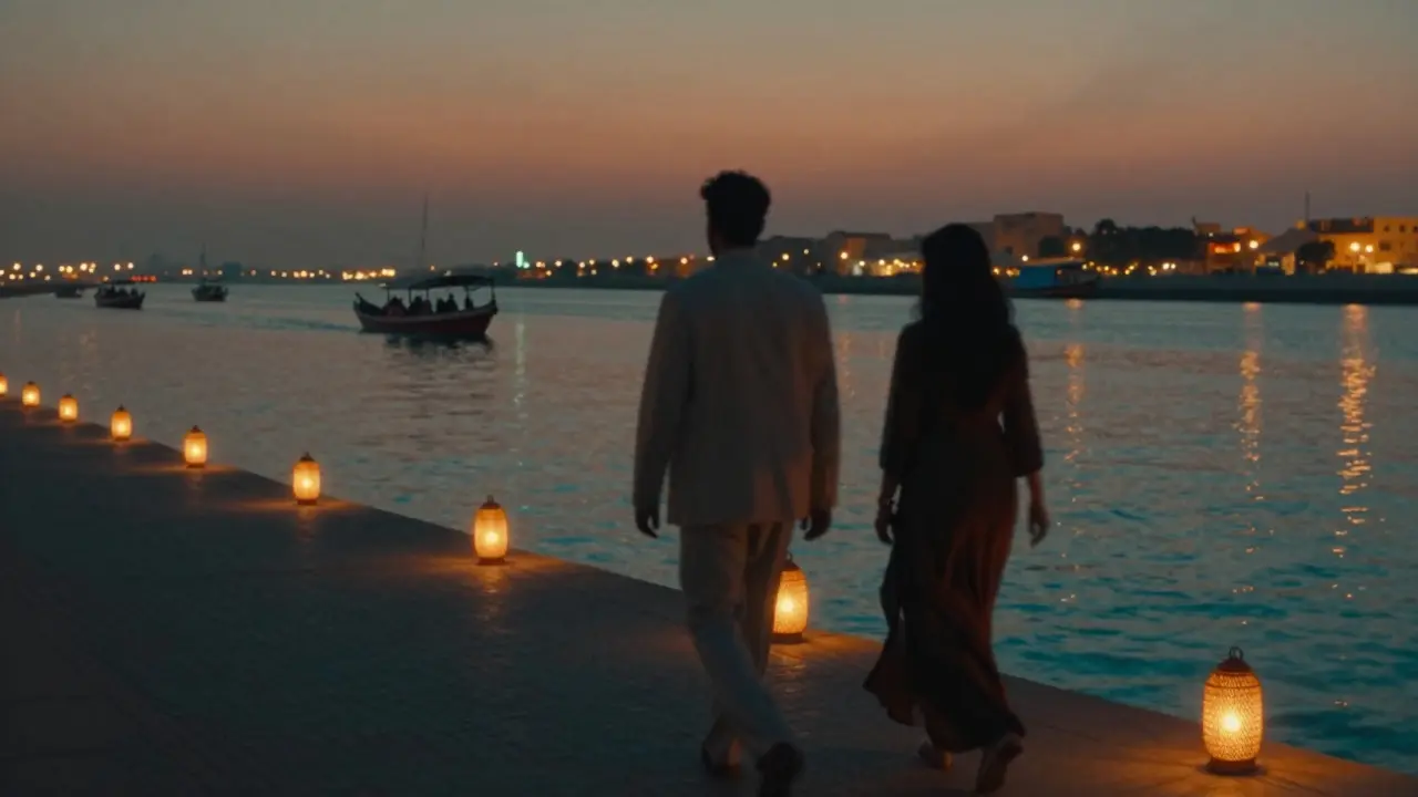 Two silhouettes walking peacefully along Dubai Creek at dusk, lanterns glowing beside tranquil water.