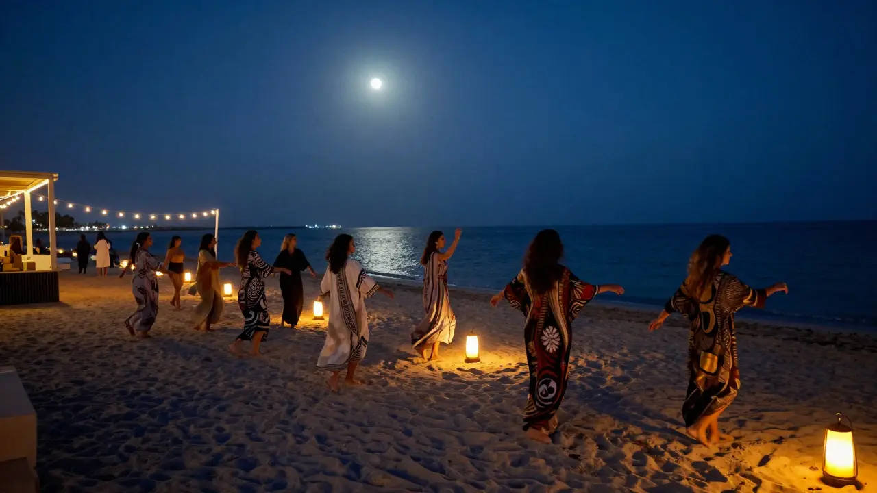 Women dancing barefoot at a beach club in Dubai under string lights with ocean breeze and moonlight.
