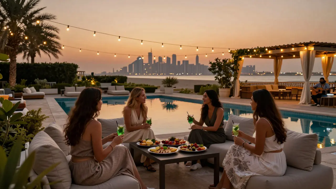 Women relaxing in a garden courtyard with string lights, a small pool, and a distant city skyline.