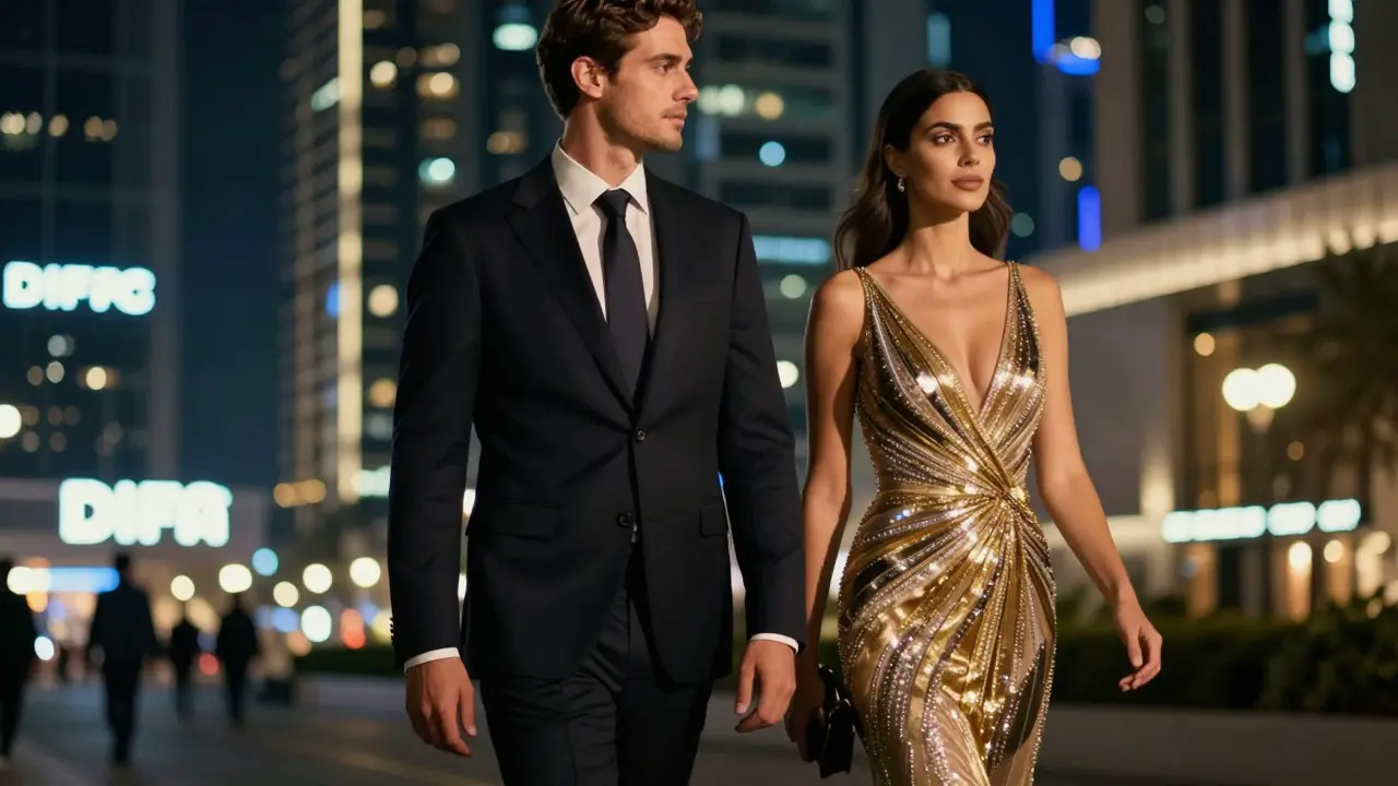 A sophisticated couple in evening wear walking through the DIFC district at night.