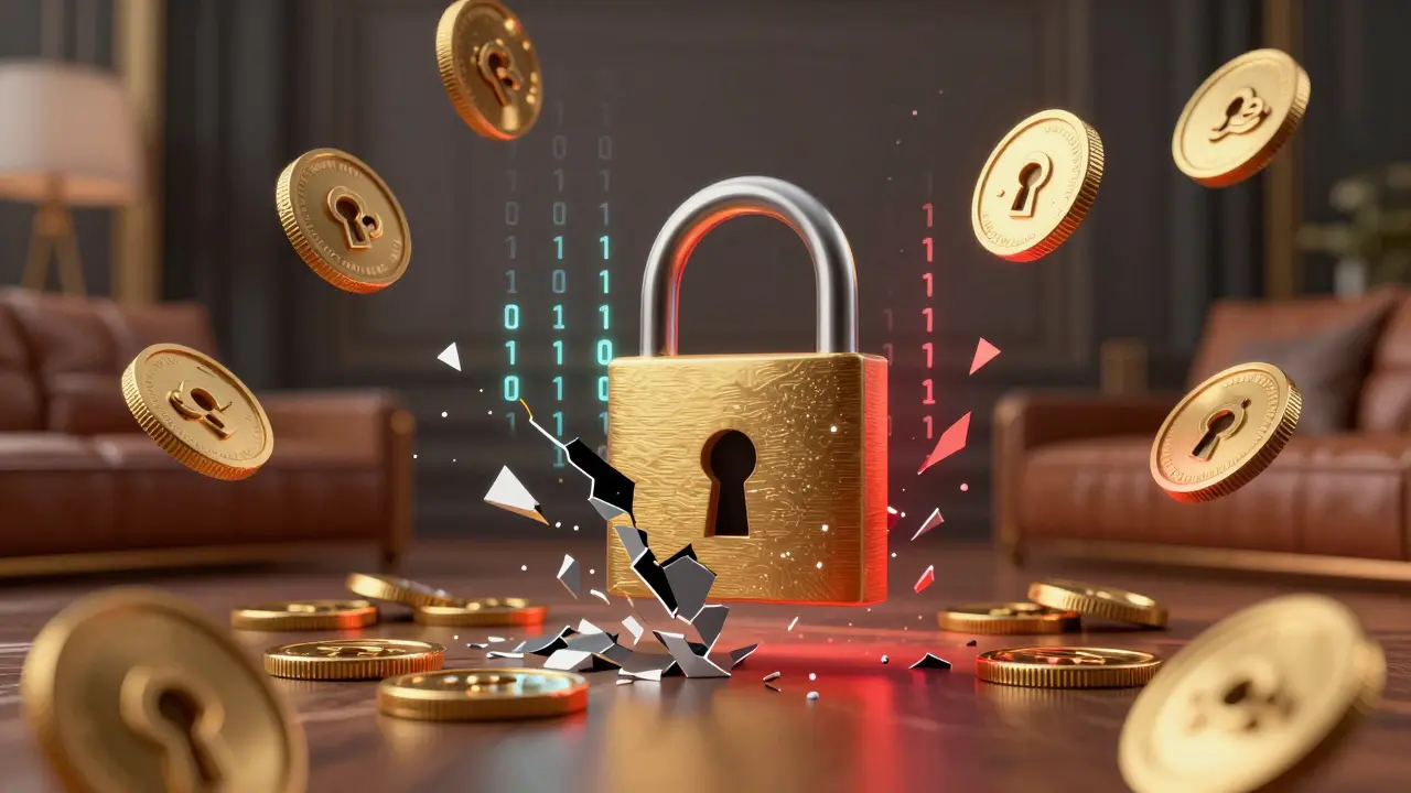 Abstract 3D render of coins turning into broken digital locks