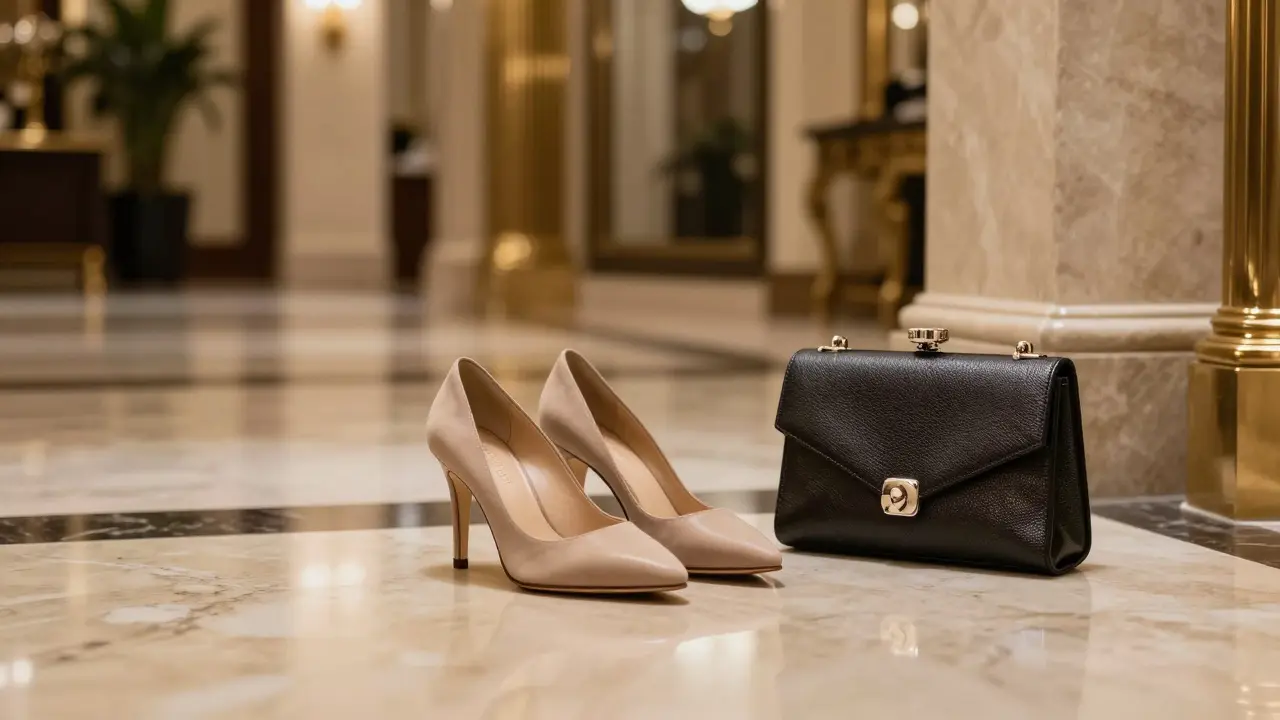 Designer high heels and a clutch bag on a luxury hotel marble floor.