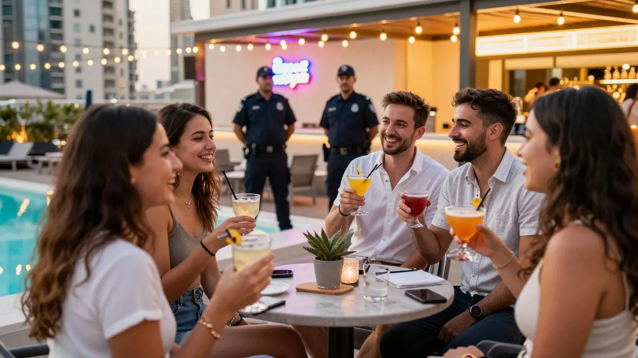 Smiling diverse group enjoying drinks in a secure licensed nightclub