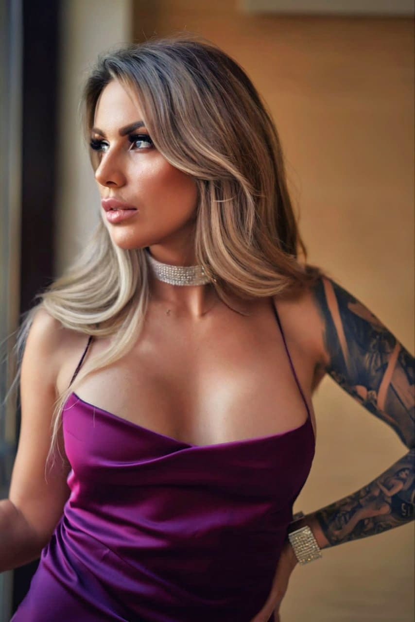 Lina stands in profile wearing a purple satin slip dress and jewelry, with a tattooed arm visible against a warm indoor background.